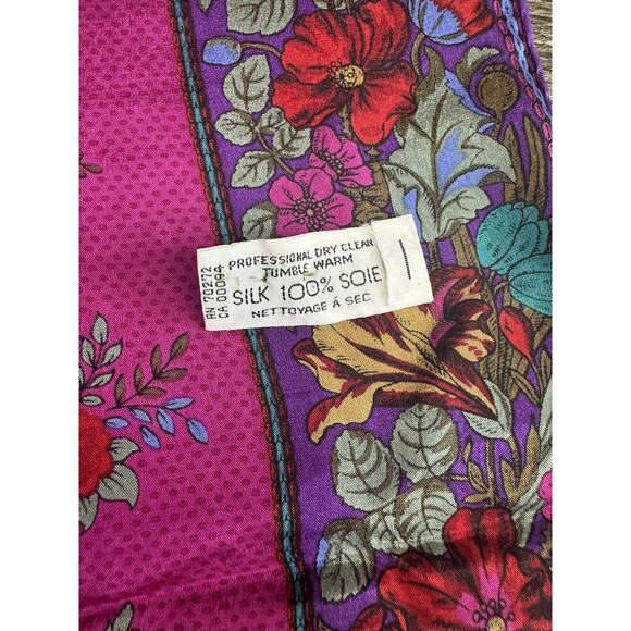 Vintage Liz Claiborne 100% Silk Scarf Purple Flowers Floral Vibrant Rectangle - Picture 6 of 11